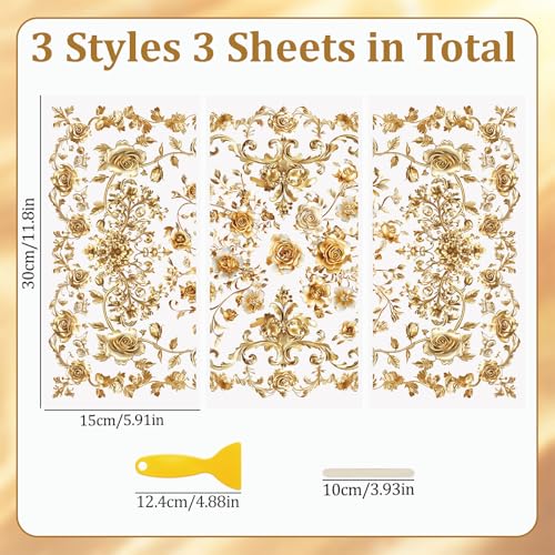 WANDIC 3 Sheets Rub On Transfer Stickers, Retro Golden Flowers Pattern Waterproof Decals Furniture Craft Embellishments for DIY Scrapbooking Photo Albums,15 * 30cm - color: Golden Flowers