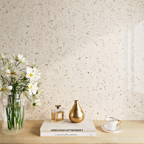 FunStick 24"x200" Glossy Beige Granite Countertop Contact Paper Beige Terrazzo Wallpaper Peel and Stick Countertops Waterproof Self Adhesive Granite Wallpaper for Kitchen Bathroom Counter Top Covers - color: Beige, size: 24" x 200"