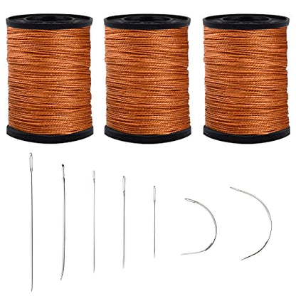 3Pcs Brown Upholstery Thread Heavy Duty, 7 Styles Curved Sewing Needles - color: Brown