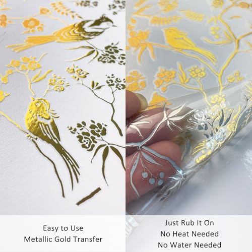 Gold Foil Rub on Transfer for Furniture DTF Transfers for Wood Drawer Decor, Flowers and Birds - style: Flowers and Birds