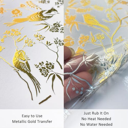 Gold Foil Rub on Transfer for Furniture DTF Transfers for Wood Drawer Decor, Flowers and Birds - style: Flowers and Birds