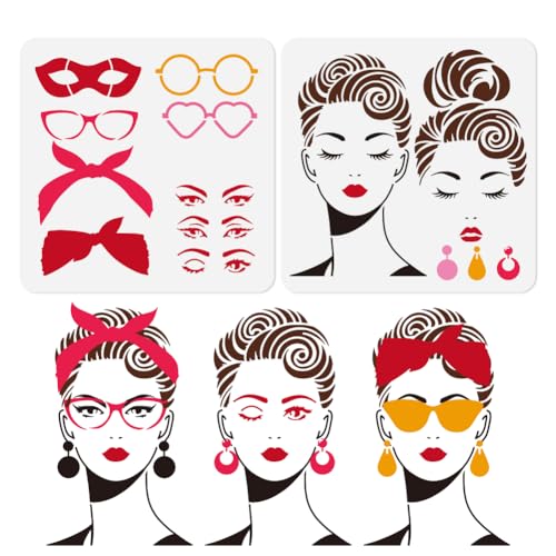 2Pcs Retro Lady Face Stencils for Painting, 11.8"x 11.8" Reusable Combinable Stencil Drawing Templates, Women DIY Craft Paint Templates for Wall Home Decor Wood Burning Canvas Journal Card - style: Lady Face
