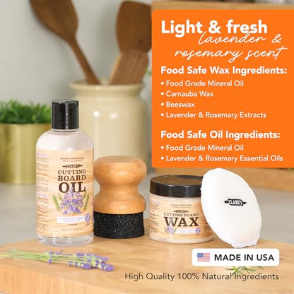 Clark’S Cutting Board Oil and Wax Kit - Set Includes Food Grade Mineral Oil (12oz), Finishing Wood Wax (6oz), Applicator Sponge & Buffing Pad, Enriched with Food Safe Lavender and Rosemary Extract - style: Lavender and Rosemary Extract
