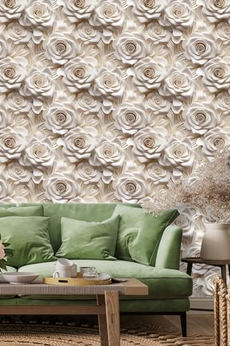 Peel and Stick Wallpaper Beige Rose Floral Feature - color: Cream&Light Brown, size: 17.7" x 393.7"