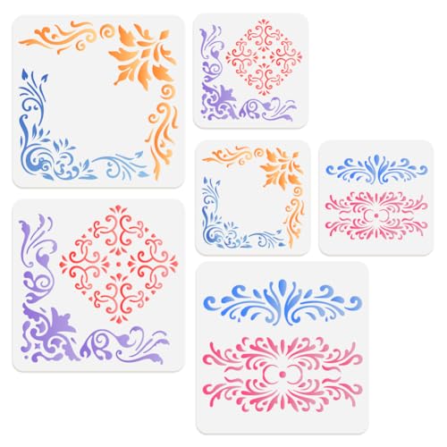 6 Pack Corner Stencil Templates Reusable Plastic Damask Border Stencils for Painting on Wood Wall Floor Fabric Glass Furniture, DIY Home Decor Craft Stencils - style: Corner