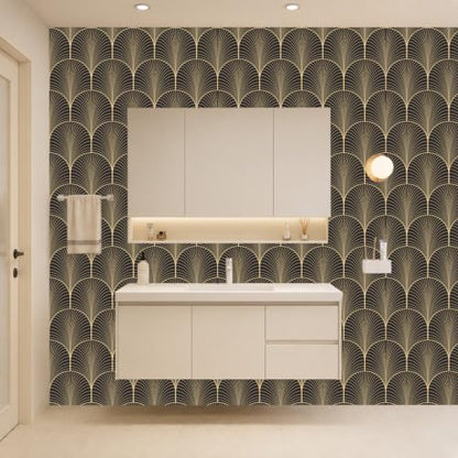 Peel and Stick Wallpaper, Black and Gold Art Deco Fan Pattern, 236in x 17.7in, Waterproof Vinyl, Removable Reusable, Eco-Friendly, for Bedroom Living Room Rental Apartment - color: Dark1, size: 17.7" x 236.2"