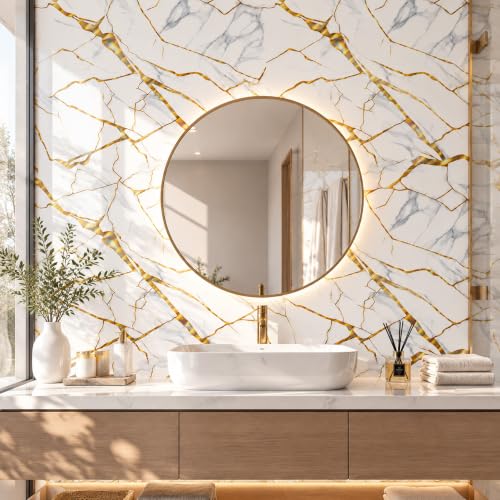 White Holographic Bold Gold Marble Peel&Stick Wallpaper 47.2x394in - color: White Holographic Bold Gold Marble, size: 47.2" x 394"