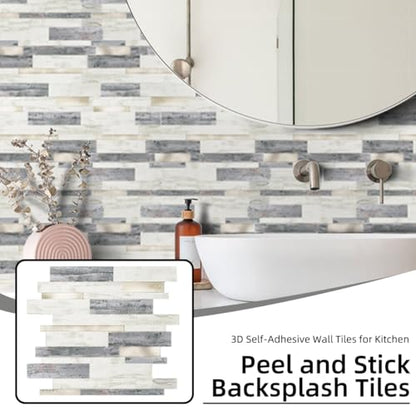 Yew & Tulip Peel and Stick Backsplash Wall Tile, 10-Sheet Metal PVC Mosaic Tiles for Kitchen Backsplash, Beige Wood Grain PVC Mixed Metal Self Adhesive Mosaic Tile (10 PCS/Box, Beige Strip) - color: Beige Strip