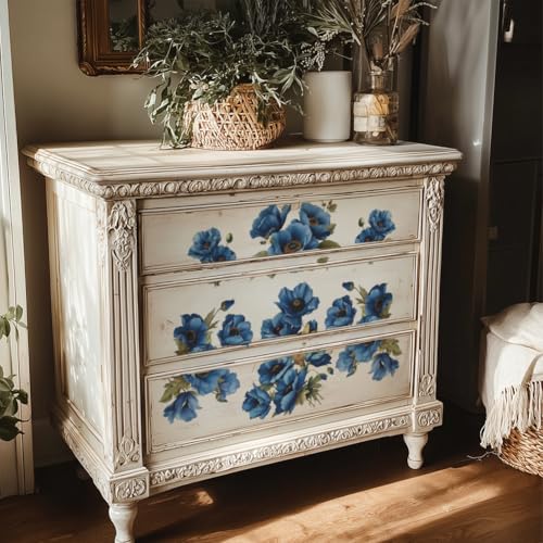 OLYCRAFT 3Pcs/Set Anemone Rub on Transfers for Furniture and Craft 6x12 Inch Blue Flowers Furniture Decal Transfer Stickers Rub on Decal with 1pc Scraper for Cabinet Wardrobe Decoration - style: Anemone
