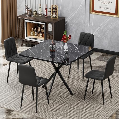 5-Piece Dining Table Set with 4 Chairs, Faux Marble, 39 Inch, Black - color: Black