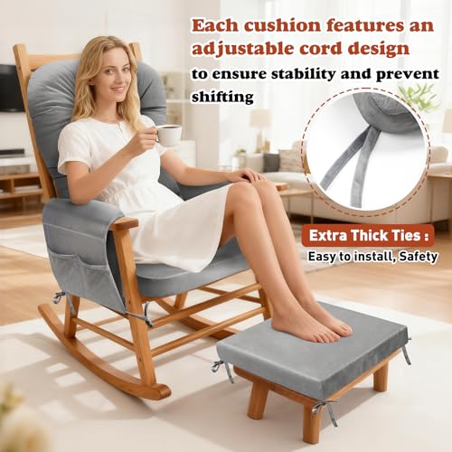 JZHLLA Glider Rocker Replacement Cushion Set with Storage Pockets Soft Flannel Fabric & High-Resilience Foam Non-Slip Back Rocking Chair Cushion for Living Room Rocking Chair(Grey) - color: Grey