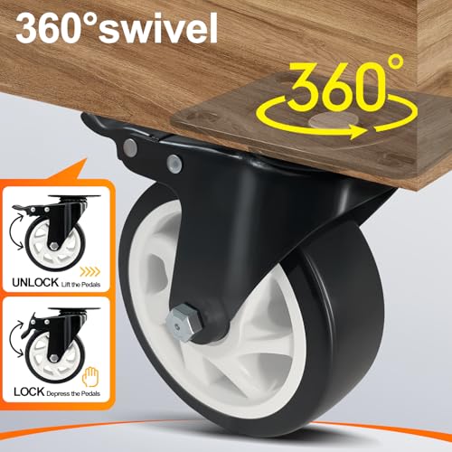 4" Heavy Duty Caster Wheel with Brake, Swivel Casters Set of 4 - color: Black, size: 4 IN