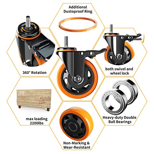 3 Inch Caster Wheels 1/2"-13x1 Threaded Stem Casters Set of 4 Heavy Duty - color: Orange, size: 3in(1/2"-13)