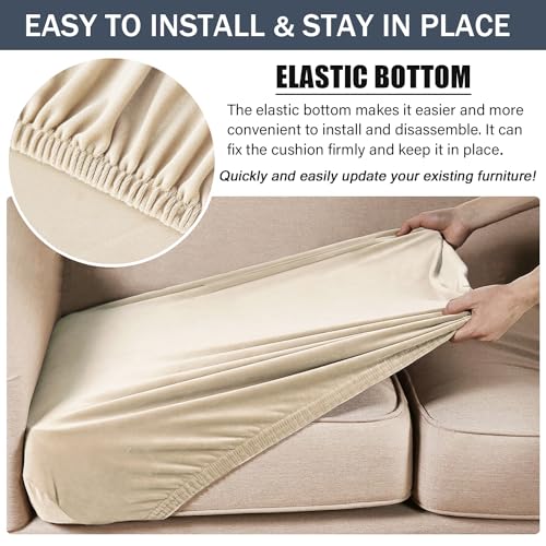 Stretch Cushion Cover, Soft Velvet Plush Cushion Slipcovers Loveseat Sofa Covers Couch Seat Covers Furniture Protector with Elastic Bottom (Beige, X-Large) - color: Beige, size: X-Large
