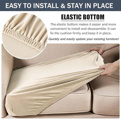 Stretch Cushion Cover, Soft Velvet Plush Cushion Slipcovers Loveseat Sofa Covers Couch Seat Covers Furniture Protector with Elastic Bottom (Beige, X-Large) - color: Beige, size: X-Large