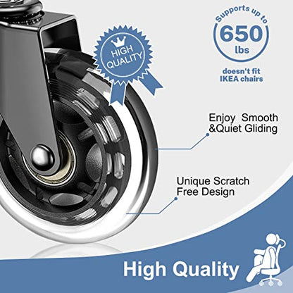 Huracan Office Chair Wheels, Set of 5, Replacement Rubber Chair Caster Wheels for Hardwood Floor, NOT Compatible for IKEA, Computer Desk Chair Wheels, Heavy Duty Office Chair Casters