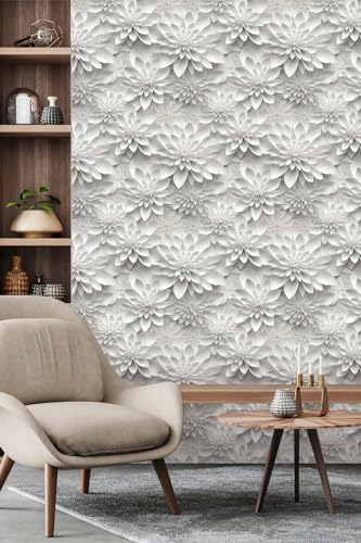 Peel and Stick Wallpaper White Gray Lotus Floral Feature - color: White& Gray, size: 17.7" x 393.7"