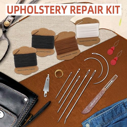 Upholstery Repair Kit: Extra Strong Waxed Sewing Thread 4 Rolls (Black Color) &Heavy Duty Household Hand Needles (7 PCS) for Leather, Canvas, Bookbinding & Quilting Thread - color: Black