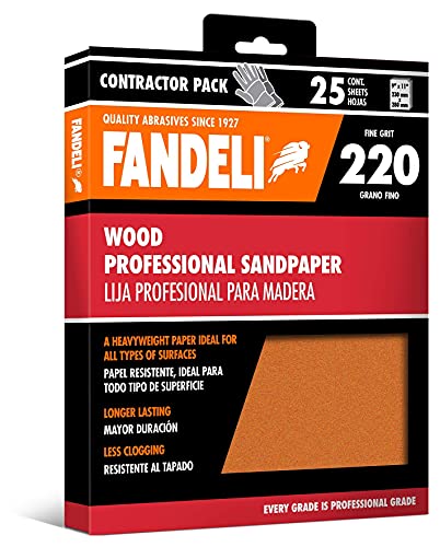 Fandeli | Wood Sanding Paper | 220 Grit | 25 Sheets of 9'' x 11'' | Sanding Wood by Hand | Ideal for Orbital Sander - style: 220 Grits