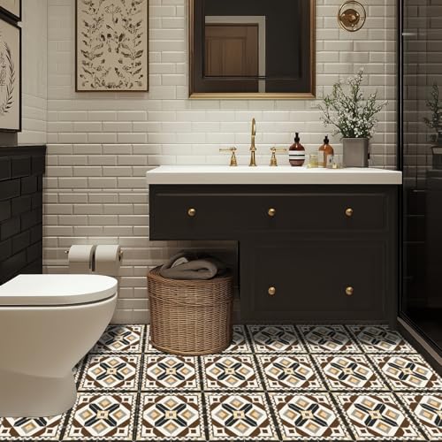 HOMETITUTE Rustic Geometric Brown Beige Peel Stick Floor 12x12 Vinyl - color: Brown, Beige