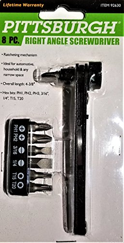 Right Angle Screwdriver, Ratcheting, 7 Hex Bits [PH1, PH2, PH3, 3/16", 1/4" T15 & T20]