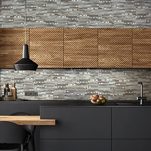 Midcard 10 Sheets Peel and Stick Backsplash PVC Wall Tile,for Kitchen Backsplash - color: Rectangular Distressed Silvery Moon