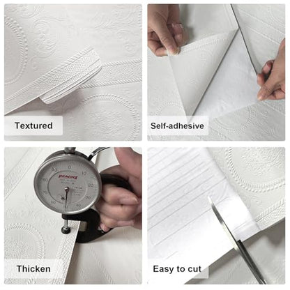 JiffDiff White 3D Embossed Textured Peel Stick Wallpaper 17.3"x120" - color: White, size: 17.3" x 120"