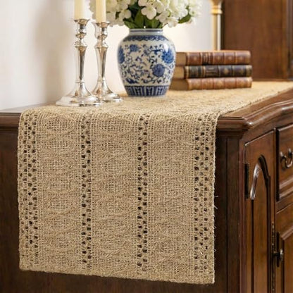 Burlap Boho Table Runner Macrame Brown 36in Farmhouse Woven Runner - color: Brown, size: 12'' x 36''