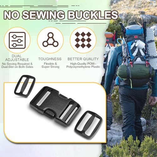 CooBigo 6 Set 1.5 Inch Plastic Quick Release Buckles + 12 pcs Tri-glide Slides - color: Black, size: 1.5"