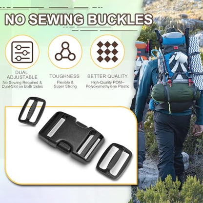 CooBigo 6 Set 1.5 Inch Plastic Quick Release Buckles + 12 pcs Tri-glide Slides - color: Black, size: 1.5"