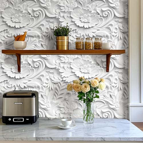 White Faux 3D Embossed Floral Peel and Stick Wallpaper Removable Self Adhesive Luxury Baroque Rococo Style Plaster Effect Paintable White Wallpaper for Bedroom Cabinets Accent Wall 17.5"x80" - size: 17.5" x 80"