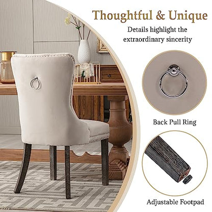 Beige Velvet Dining Chairs Set of 2, Elegant Tufted & Nailhead, Wood Legs - color: Beige, Wood Leg, size: set of 2