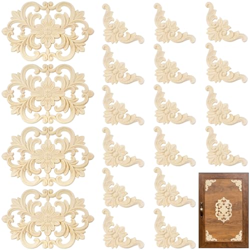 20Pcs Wood Carved Onlays, Unpainted Furniture Cabinet Door Decor Ornaments