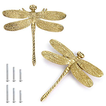 JUXYES Unique Gold Dragonfly Handle Pulls Knobs for Cabinets and Drawers - size: Pack of 2