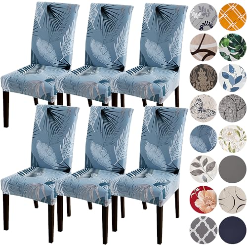HZDHCLH Blue Chair Covers for Dining Room 6 Pack,Stretch Spandex Parsons Chair Slipcover Set of 6,Washable Anti-dust Chair Seat Cover for Kitchen,Wedding,Party - color: Blue Leaves, size: 6 PCS