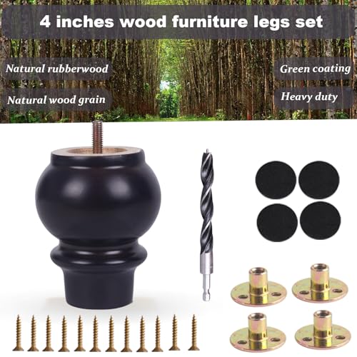 Solid Wood Furniture Legs 4 Inch Set of 4 - Heavy Duty - Brown - Sofa Legs Replacement, Table Legs for Coffee Table, Couch Riser, Cabinet Feet, Bed & Dresser Legs - Patas para Muebles/Mesa - color: Black Brown, size: 4 Inch