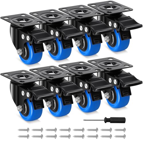 2 Inch Caster Wheels, Locking Casters Set of 8 Heavy Duty 1200Lbs, Safety Swivel Casters with Brake, No Noise Top Plate Castors for Furniture, Carts and Workbench - size: 2inch