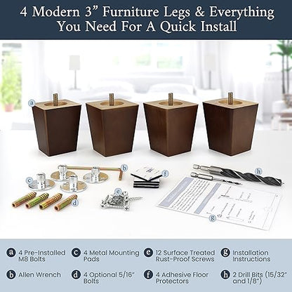 Airy Abode Premium Walnut Square Furniture Legs (Full Install Kit) - Pick Your Size and Color - color: Brown, size: 3 Inches