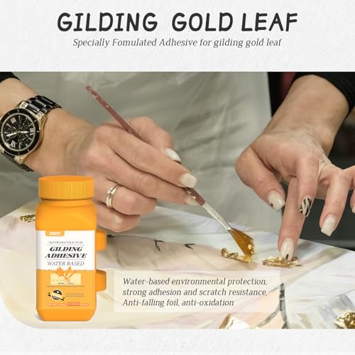 Gold Leaf Adhesive, Gilding Adhesive Set with 100ml Water Based Metal Leaf Glue and 100ml Varnish, 100 pcs Foil, 2 Brushes, Foil Wiping Cotton, for Arts, Crafts and Painting.