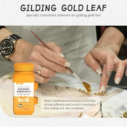 Gold Leaf Adhesive, Gilding Adhesive Set with 100ml Water Based Metal Leaf Glue and 100ml Varnish, 100 pcs Foil, 2 Brushes, Foil Wiping Cotton, for Arts, Crafts and Painting.
