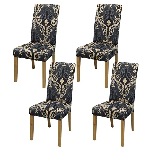 Dining Chair Covers, Stretch Seat Covers, Washable Furniture Protector - color: Black With Gilded Floral Pattern, size: ‌Milk Silk