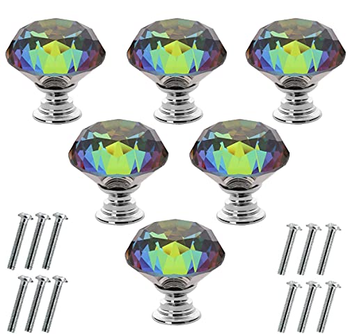 Akstore 6 Pcs Crystal Glass Cabinet Knobs 30mm Diamond Shape Drawer Kitchen Cabinets Dresser Cupboard Wardrobe Pulls Handles (30mm, Colorful) - color: Colorful, size: 30 mm