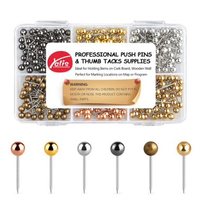Push Pins Map Tacks 1/8-Inch Metallic Color Beads Head Marking Pins, 6 Colors, 360-count
