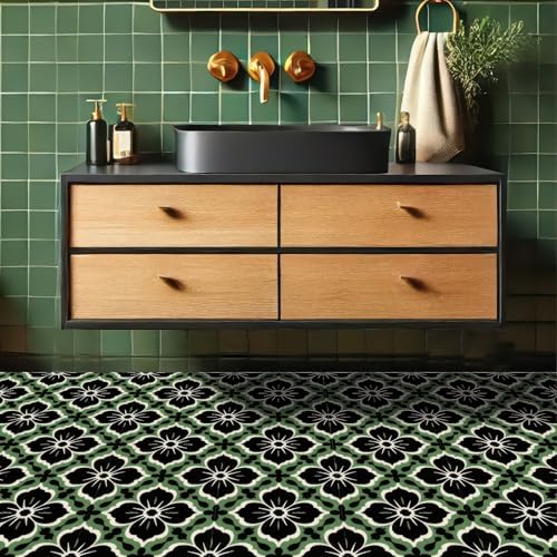 HOMETITUTE Green Black Floral Peel Stick Floor Tile 12x12 Vinyl - color: Green#1