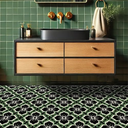 HOMETITUTE Green Black Floral Peel Stick Floor Tile 12x12 Vinyl - color: Green#1