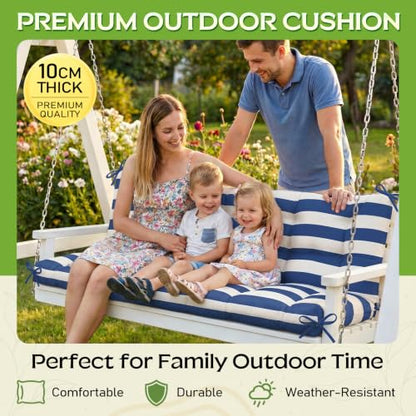 Oxford Fabric Swing Cushions with Backrest & Tie Straps for Patio Bench - color: Navy-white Stripe