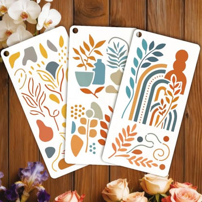 12 Sheets Boho Scene Stencil for Painting, Abstract Aesthetic Stencil Flower Leaf Sun Moon European Floral Drawing Stencils Reusable Art Template for Painting on Wall Wood Home Decor - style: Boho Scene