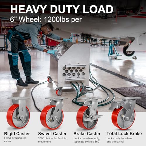 6" Casters Set of 4 Heavy Duty Industrial Caster Wheels with Load 4800lbs Capacity, Polyurethane Wheels for Workbench,Tool Box,Dolly(2 Brake & 2 Rigid) - style: 6'' Wheel
