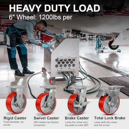 6" Casters Set of 4 Heavy Duty Industrial Caster Wheels with Load 4800lbs Capacity, Polyurethane Wheels for Workbench,Tool Box,Dolly(2 Brake & 2 Rigid) - style: 6'' Wheel
