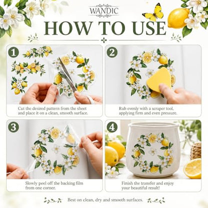 WANDIC 3 Sheets Rub On Transfer Stickers, Lemon Flowers Pattern Waterproof Decals Furniture Craft Embellishments for DIY Scrapbooking Photo Albums,15 * 30cm - color: Yellow
